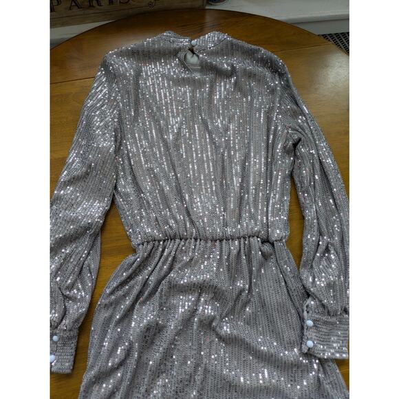 Miss Ord Silver Sequin Mini Dress M Mock Neck Belted NYE 70s 80s Glam - Picture 8 of 12